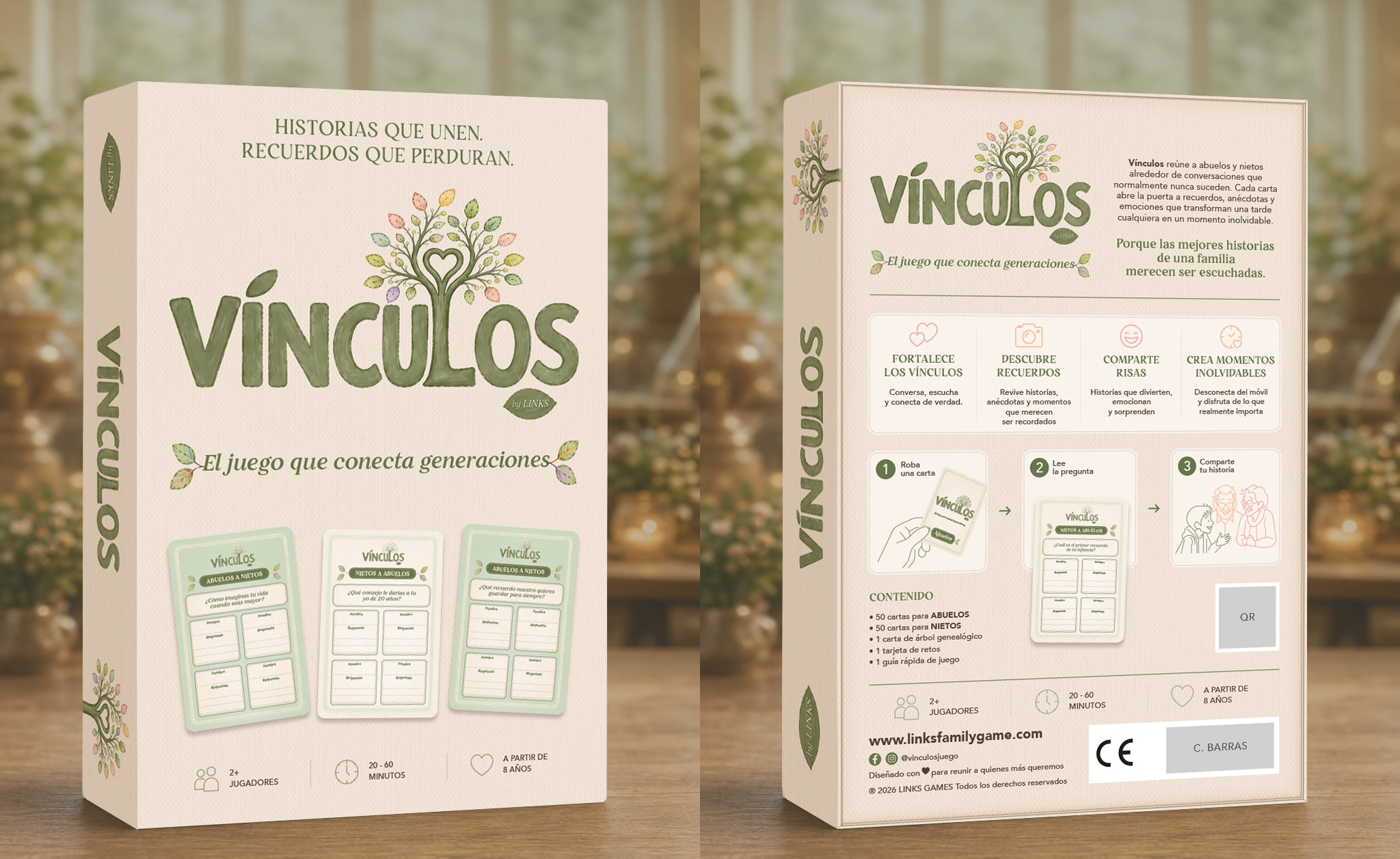 Propuesta visual de la caja de Vínculos, en crema y verde, con su árbol característico